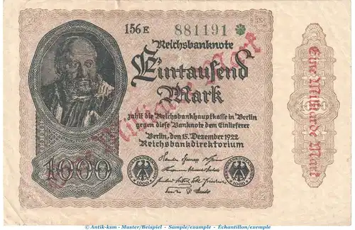Reichsbanknote , 1 Milliarde Mark -Pergament- L-gbr. DEU-128.b, Ros.110, P.113 von 1923 , Weimarer Republik - Reichsbank