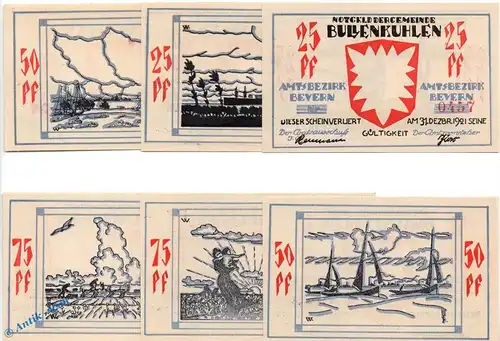 Notgeld Bullenkuhlen , Set mit 6 Scheinen in kfr. Mehl Grabowski 206.1 , o.D. Schleswig Holstein Seriennotgeld