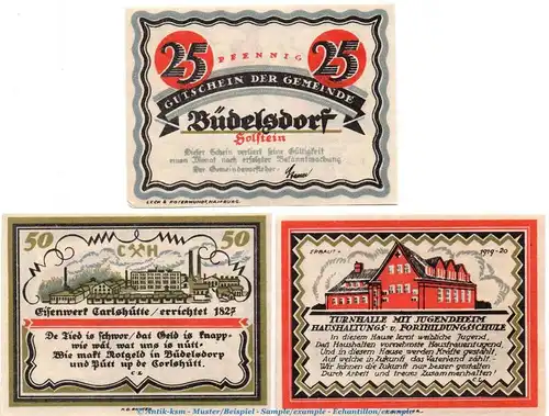 Notgeld Gemeinde Büdelsdorf 200.1 , Set mit 3 Scheinen in kfr. o.D. Schleswig Holstein Seriennotgeld