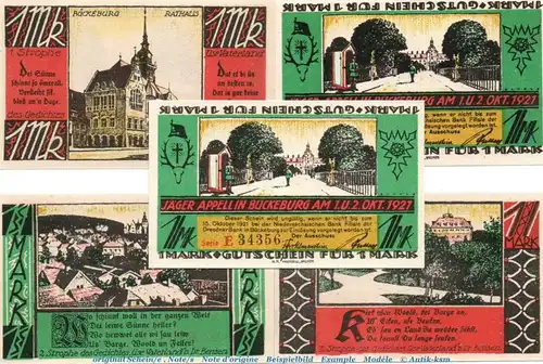 Notgeld Jäger Appell Bückeburg 198.1 , Set mit 5 Scheinen in kfr. von 1921 , Niedersachsen Seriennotgeld