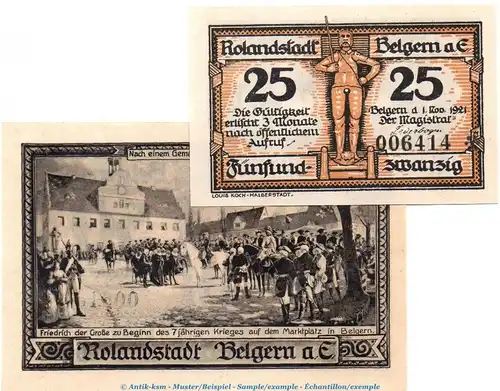 Notgeld Stadt Belgern 70.1 , Set mit 2 Scheinen in kfr. von 1921 , Sachsen  Seriennotgeld