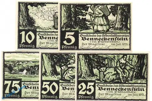 Notgeld Benneckenstein , Set mit 5 Scheinen in kfr. Mehl Grabowski 73.1 , von 1921 , Sachsen Anhalt Seriennotgeld