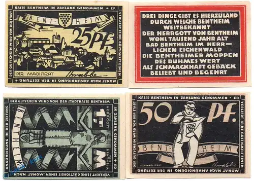 Notgeld Bentheim , Set mit 4 Scheinen in kfr. Mehl Grabowski 75.1 , von 1921 , Niedersachsen Seriennotgeld