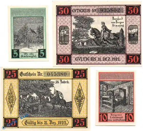 Notgeld Bergen a. d. Dumme , Set mit 4 Scheinen in kfr. Mehl Grabowski 78.1 , Niedersachsen Seriennotgeld