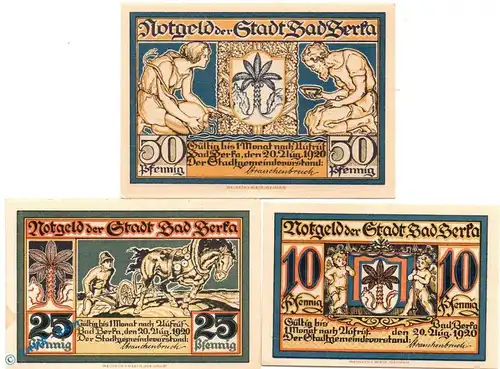 Notgeld Bad Berka , Set mit 3 Scheinen in kfr. Mehl Grabowski 79.1 , von 1920 , Thüringen Seriennotgeld