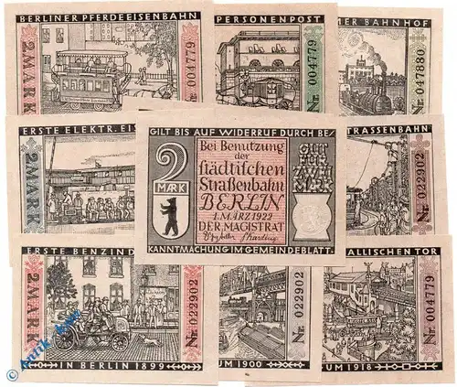 Notgeld Berlin , Strassenbahn , Set mit 10 Scheinen , Mehl Grabowski 92.3 , von 1922 , Brandenburg Serien Notgeld