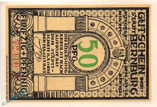 Notgeld Bernburg , 50 Pfennig Schein in kfr. Mehl Grabowski 95.3.a , von 1921 , Sachsen Anhalt Seriennotgeld