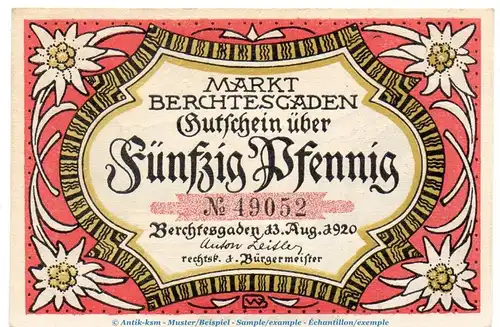 Notgeld Gemeinde Berchtesgaden 76.2 , 50 Pfennig Schein in kfr. von 1920 , Bayern Seriennotgeld