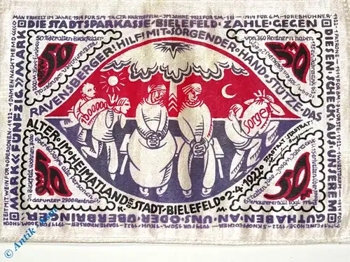 Seiden Notgeld Bielefeld , 50 Mark Schein mit Riechkissen , Mehl Grabowski 103.14 R , von 1922 , Westfalen Serien Notgeld
