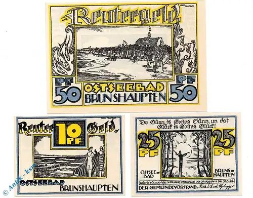 Notgeld Gemeinde Brunshaupten 195.1 , Reutergeld Set mit 3 Scheinen in kfr. o.D. Mecklenburg Vorpommern Seriennotgeld
