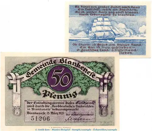Notgeld Sparkasse Blankenese 115.1.a , Set mit 2 Scheinen in kfr von 1921 , Schleswig Holstein Seriennotgeld