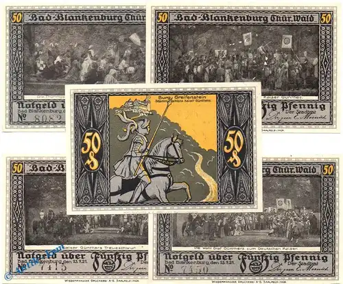 Notgeld Blankenburg , Set mit 5 Scheinen in kfr. Mehl Grabowski 113.1 , von 1921 , Thüringen Seriennotgeld