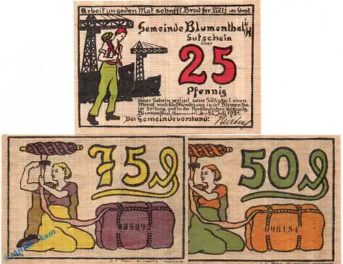 Notgeld Blumenthal , Set mit 3 Scheinen in kfr. Mehl Grabowski 123.1 , von 1921 , Bremen Seriennotgeld