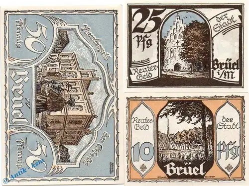 Notgeld Stadt Brüel 191.1 , Reutergeld Set mit 3 Scheinen in kfr. o.D. Mecklenburg Vorpommern Seriennotgeld