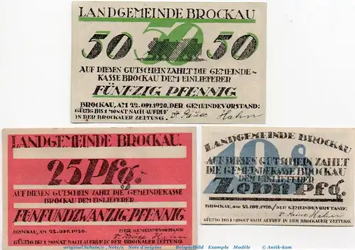 Notgeld Gemeinde Brockau 189.1-2 , Set mit 3 Scheinen in kfr. von 1920 , Schlesien Seriennotgeld