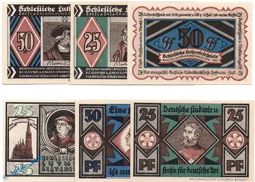 Notgeld Breslau ,Arbeitsausschuß , 6 Scheine in kfr. Mehl Grabowski 186.1 , von 1921 , Schlesien Seriennotgeld