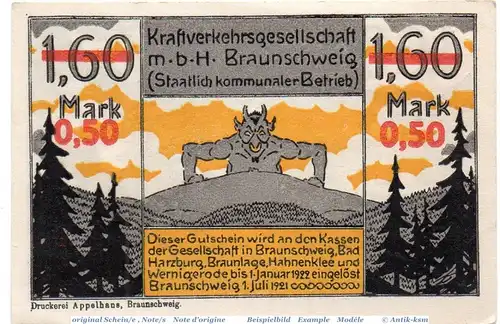 Notgeld Braunschweig , Kraftverkehr , 50 Pfennig Schein in kfr. Mehl Grabowski 156.4 , von 1921 , Niedersachsen Seriennotgeld