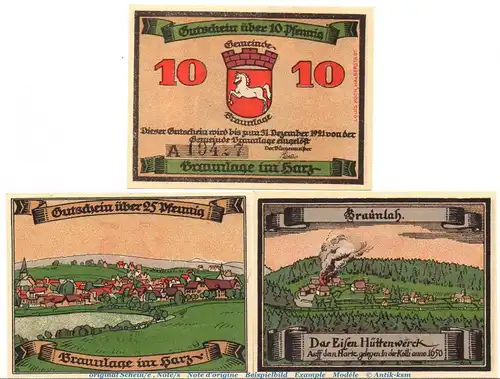 Notgeld Gemeinde Braunlage 153.1 , Set mit 3 Scheinen in kfr. o.D. , Niedersachsen Seriennotgeld