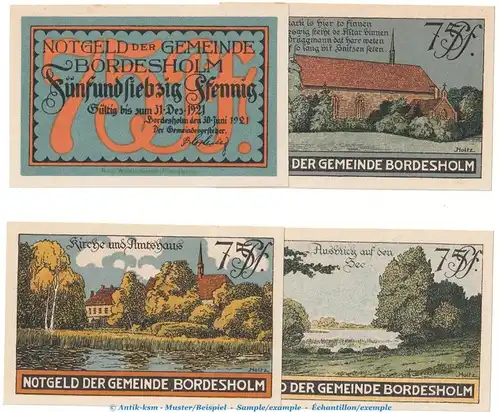 Notgeld Gemeinde Bordesholm 144.2 , Ansichten Set mit 4 Scheinen in kfr. von 1921 , Schleswig-Holstein Seriennotgeld