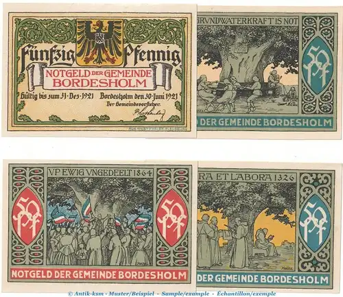 Notgeld Gemeinde Bordesholm 144.1 , Linde Set mit 4 Scheinen in kfr. von 1921 , Schleswig Holstein Seriennotgeld
