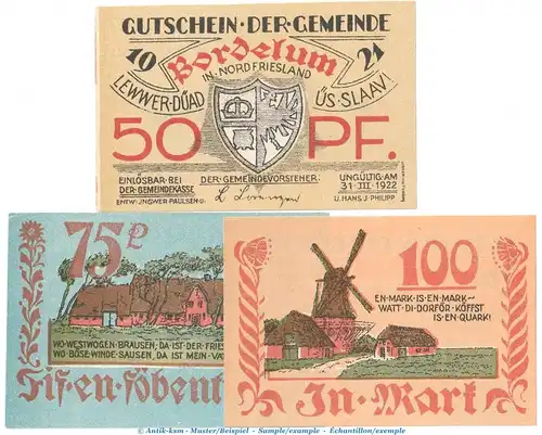 Notgeld Gemeinde Bordelum 143.1, Set mit 3 Scheinen in kfr. von 1921 , Schleswig Holstein Seriennotgeld
