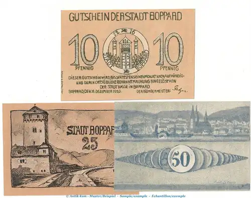 Notgeld Stadt Boppard 142.1 , Set mit 3 Scheinen in kfr. von 1920 , Rheinland Seriennotgeld