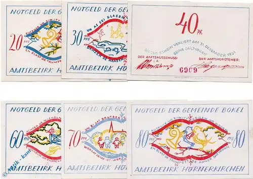 Notgeld Bokel , Hörnerkirchen , Set mit 6 Scheinen , Mehl Grabowski 135.1 , Schleswig Holstein Serien Notgeld