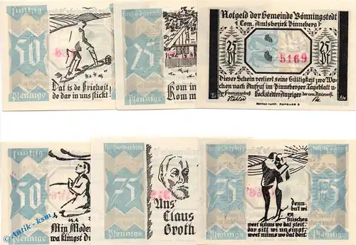 Notgeld Bönningstedt , Set mit 6 Scheinen in kfr. Mehl Grabowski 133.1 a , Schleswig Holstein Serien Notgeld