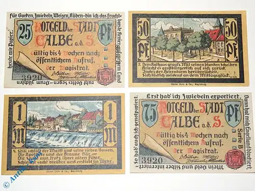 Notgeld Calbe  , vollständiger Satz mit 4 Scheinen , Kennummer = schwarz , Mehl Grabowski 213.1 , Sachsen Anhalt Seriennotgeld