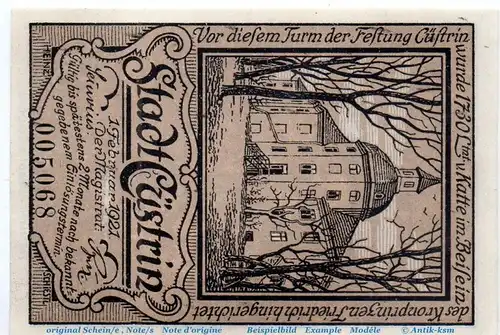 Notgeld Stadt Cüstrin 248.1 , 50 Pfennig Schein in kfr. von 1921 , Brandenburg Seriennotgeld