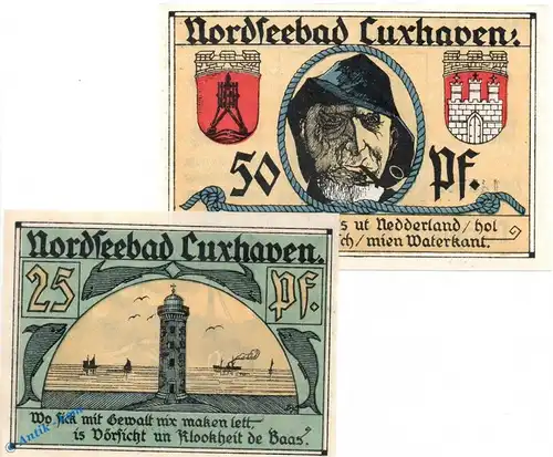 Notgeld Cuxhaven , Set mit 2 Scheinen in kfr. Mehl Grabowski 249.1-2 , von 1921 , Niedersachsen Seriennotgeld