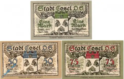 Notgeld Cosel , Set mit 3 Scheinen , Mehl Grabowski 241.1 b , von 1921 , Oberschlesien Serien Notgeld