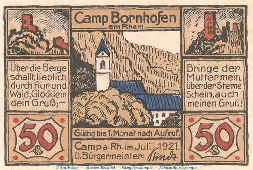 Notgeld Gemeinde Camp Bornhofen 219.2 , 50 Pfennig Schein in kfr. von 1921 , Hessen Seriennotgeld