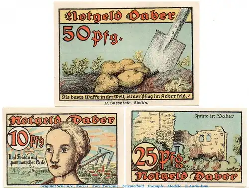 Notgeld Stadt Daber 250.1 , Set mit 3 Scheinen in kfr. von 1921 , Pommern Seriennotgeld