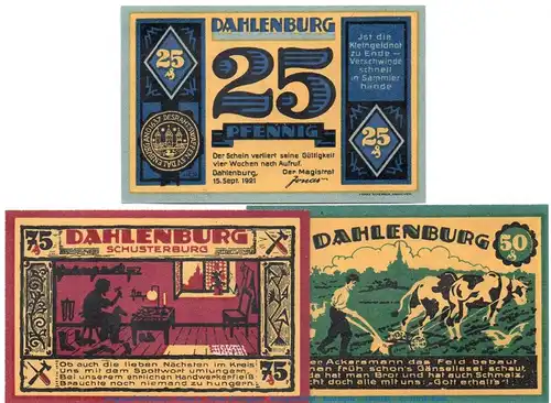 Notgeld Magistrat Dahlenburg 251.1 , Set mit 3 Scheinen in kfr. von 1921 , Niedersachsen Seriennotgeld