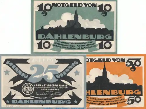 Notgeld Spar- und Leihkasse Dahlenburg 252.1 , Set mit 3 Scheinen in kfr. von 1920 , Niedersachsen Seriennotgeld