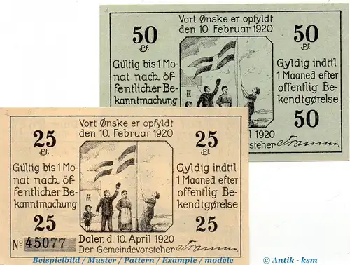 Notgeld Gemeinde Daler 253.1 , Set mit 2 Scheinen in kfr. von 1920 , dänisch Nordschleswig Seriennotgeld