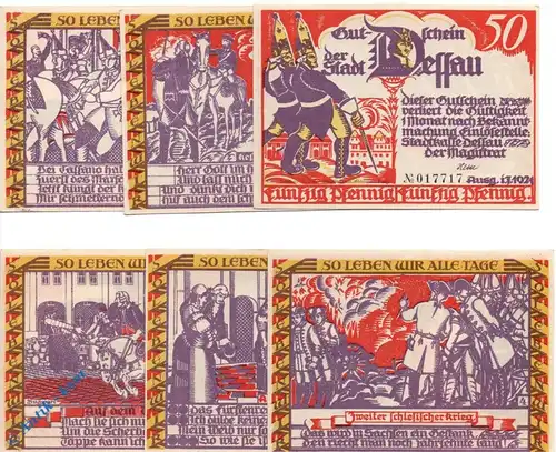 Dessau , Notgeld Set mit 6 Scheinen in kfr. M-G 266.1-2 , Sachsen Anhalt 1921 Seriennotgeld