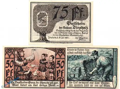 Notgeld Diepholz , Set mit 3 Scheinen in kfr. Mehl Grabowski 272.1 , von 1921 , Niedersachsen Seriennotgeld