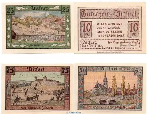 Notgeld Gemeinde Ditfurt 275.1 , Ortsbilder-Set mit 4 Scheinen in kfr. von 1921 , Sachsen Anhalt Seriennotgeld