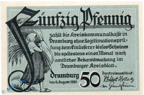 Notgeld Dramburg , Schleifmühle , 50 Pfennig Schein in kfr. Mehl Grabowski 286.2 , von 1920 , Pommern Seriennotgeld