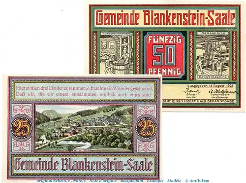Notgeld Gemeinde Blankenstein 118.1 , Set mit 2 Scheinen in kfr. von 1921 , Thüringen Seriennotgeld