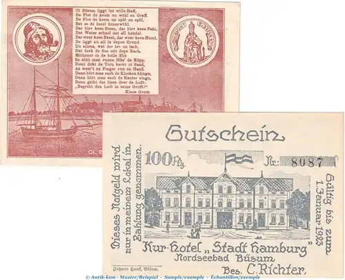 Notgeld Kurhotel Büsum 203.1.a , Set mit 2 Scheinen in kfr. o.D. Schleswig Holstein Seriennotgeld