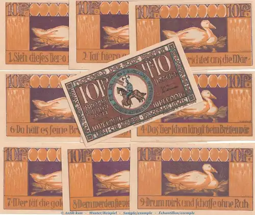 Notgeld Stadt Brehna 160.1 , Set mit 10 Scheinen -Sprüche- in kfr. von 1921 , Sachsen Anhalt Seriennotgeld