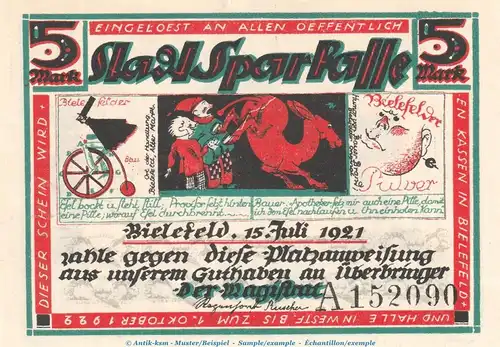 Notgeld Stadt Bielefeld 103.12 , 5 Mark Schein in kfr. von 1921 , Westfalen Seriennotgeld
