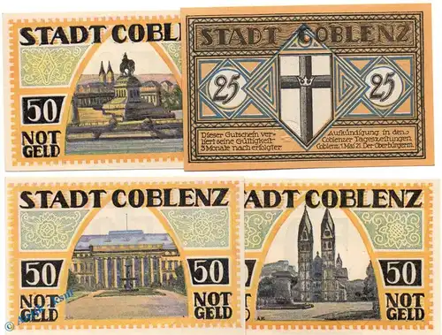 Notgeld Coblenz , Set mit 4 Scheinen in kfr. Mehl Grabowski 233.1 , von 1921 , Rheinland Pfalz Seriennotgeld
