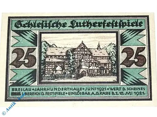 Breslau , Notgeld 25 Pfennig -Gitter Üdr.- Schein , M-G 186.4.b , Schlesien 1921 Seriennotgeld