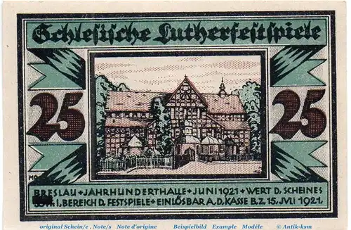 Notgeld Arbeiterausschuß Breslau 186.4.a , 25 Pfennig Schein in kfr. von 1921 , Schlesien Seriennotgeld