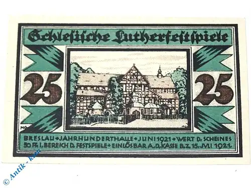 Notgeld Breslau , 25 Pfennig Schein , Fehldruck 50 Pfg , Mehl Grabowski 186.3 , von 1921 , Schlesien  Schlesien Serien Notgeld
