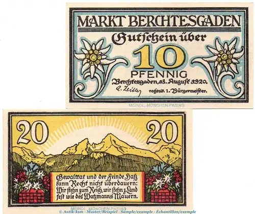Notgeld Gemeinde Berchtesgaden 76... , Set mit 2 Scheinen in kfr. von 1920 , Bayern Seriennotgeld